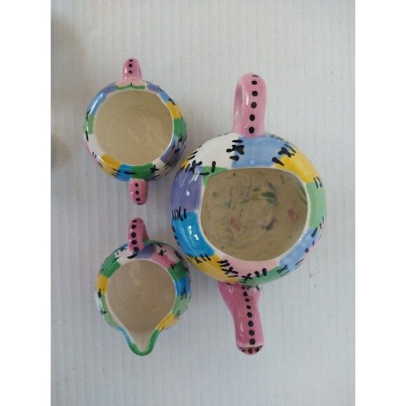 Vintage 2005 Hand Painted Signed Tea Set Pot Sugar Bowl Creamer patchwork - Picture 11 of 16